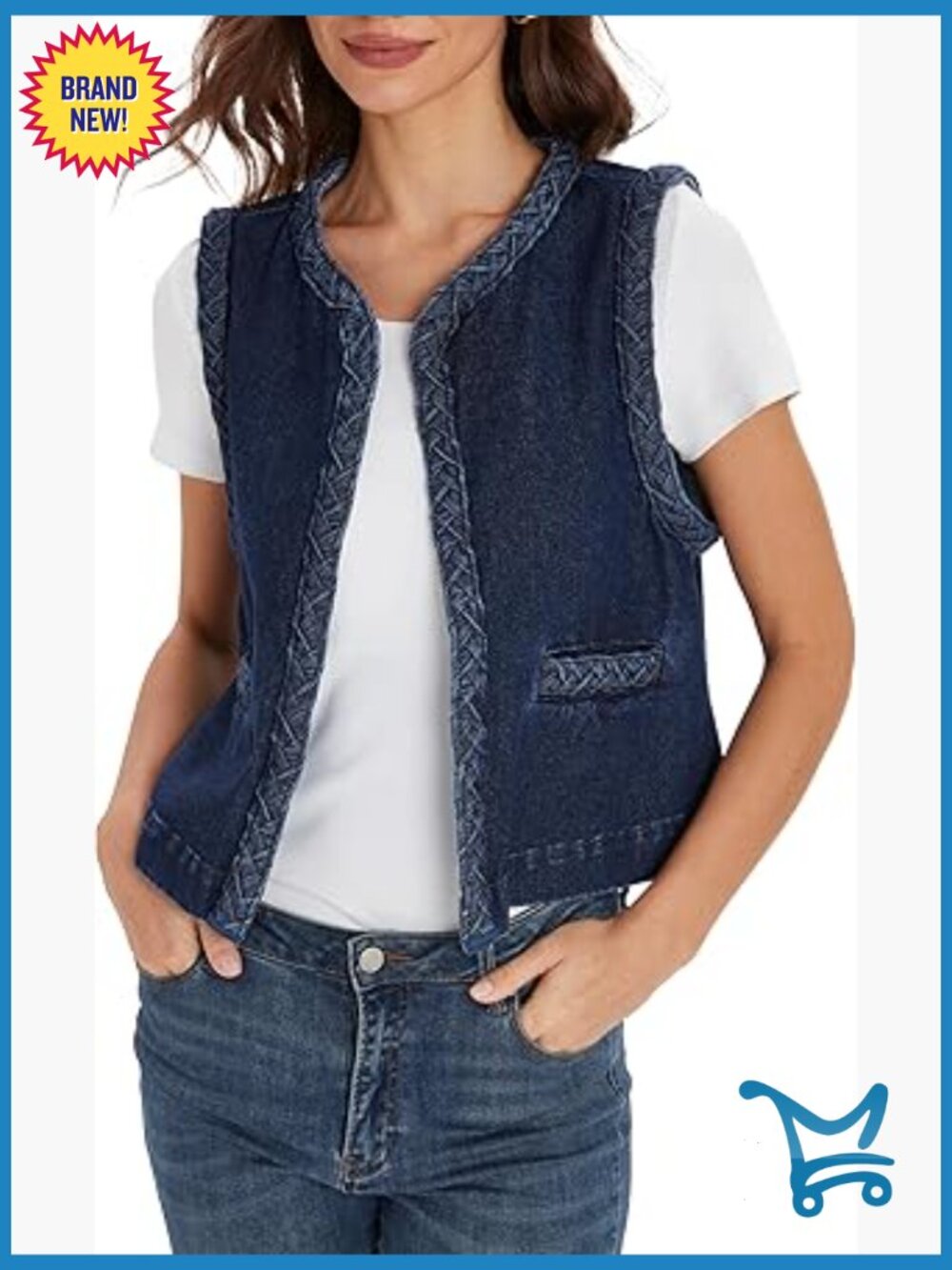 Sleeveless Denim Vest Casual Crew Neck Open Front Tweed Tank Top Jean Waistcoat